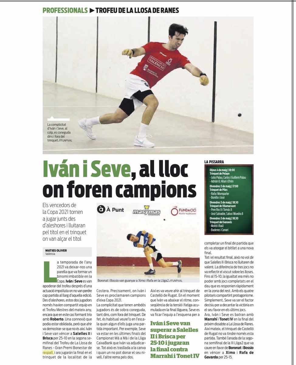 funpival's tweet photo. 🗞️@superdeporte_es 
📆 04/05/2023

➡️ Iván i Seve, al lloc on foren campions 

#pilotaprofessional #lliga2 https://t.co/KVgDPcjzjp
