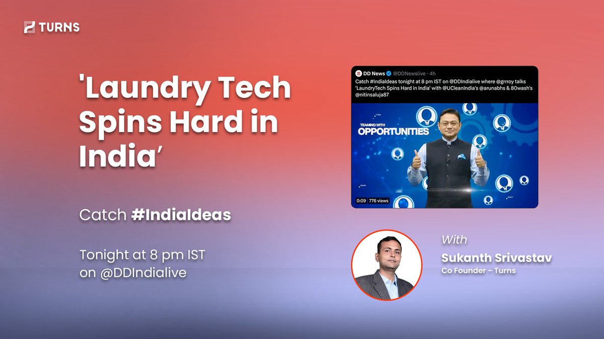 turns_app's tweet photo. Watch Today at 8 PM co-founder of Turns'sΒ Sukanth Srivastav live on DD News. Talks About 'LaundryTech Spins Hard in India'.
Watch Live on: https://t.co/VKqLwcv3xU
#ddnews #live #IndiaIdeas #laundryTech #laundrybusiness https://t.co/pPdkDLcf6Q