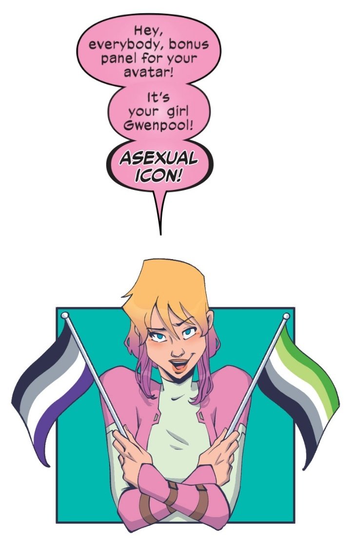 AshLudgate's tweet photo. im a sobbing mess! like, tears streaming down my face kind of sobbing. I just read "asexual," "biromantic," and "queerplatonic relationship" in a Marvel comic. I wish I had this comic when I was 16. Thank you Gwenpool creative team. https://t.co/MWVOSL8FZX