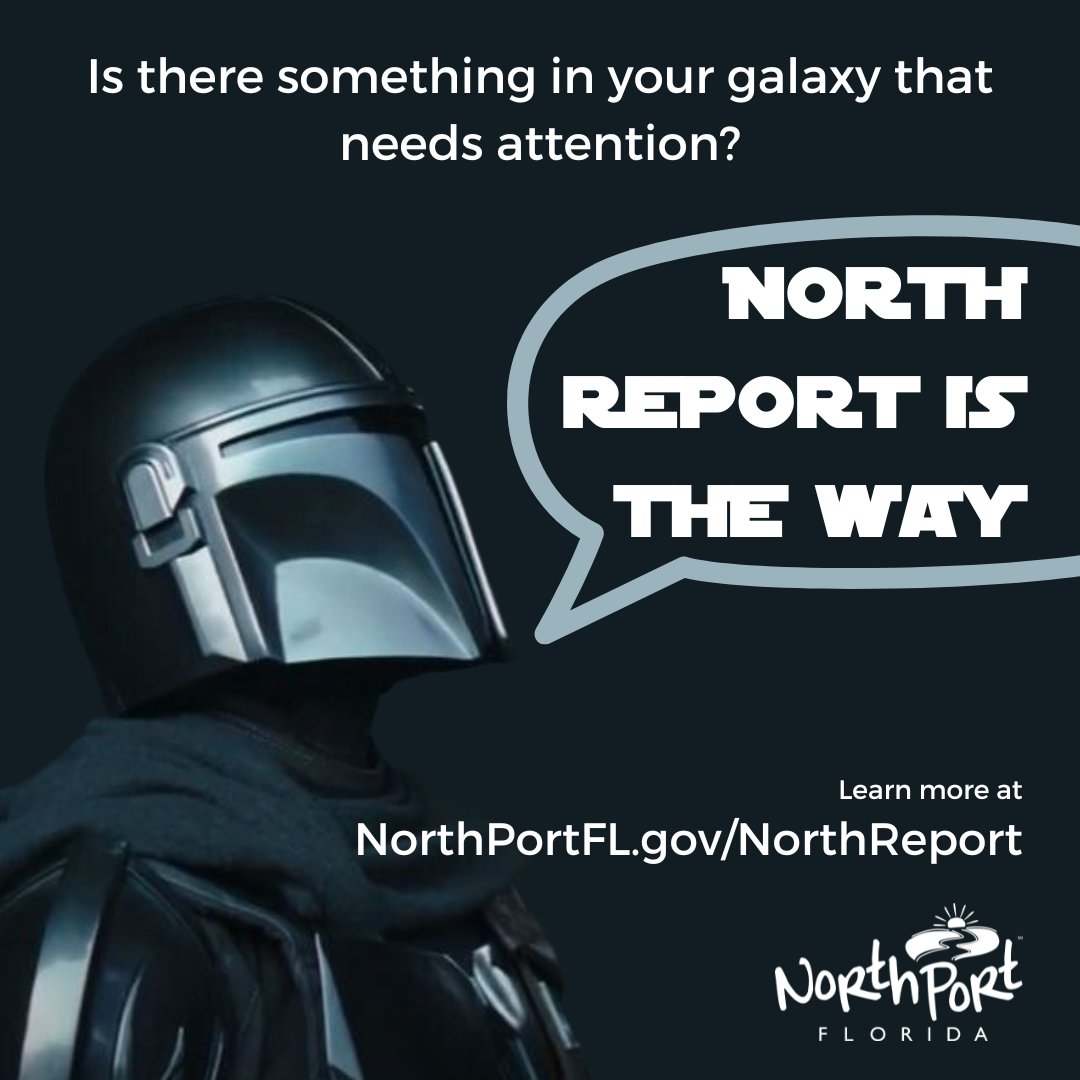 CityofNorthPort's tweet photo. You don’t need the force to make North Port a better, safer and cleaner place. You already have the power (no beskar armor required)! Simply download the North RePort app and tell us what you need. Learn more at ➡️ https://t.co/eafRtViNxg. 

#MayThe4th | #ThisIsTheWay https://t.co/pZQUududZh