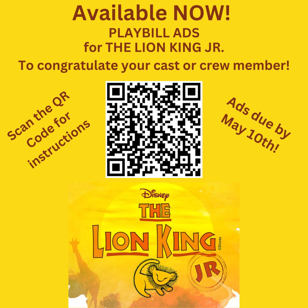 ryeneckschools's tweet photo. Do you have a child, family member or friend in #RNMS's production of "The Lion King Jr"? If so, it's time to order ads for the playbill! Ads are due by May 10th.

Scan the QR code below or visit https://t.co/C5b3lQFVRu for ordering instructions. https://t.co/wj6IGo6FTu