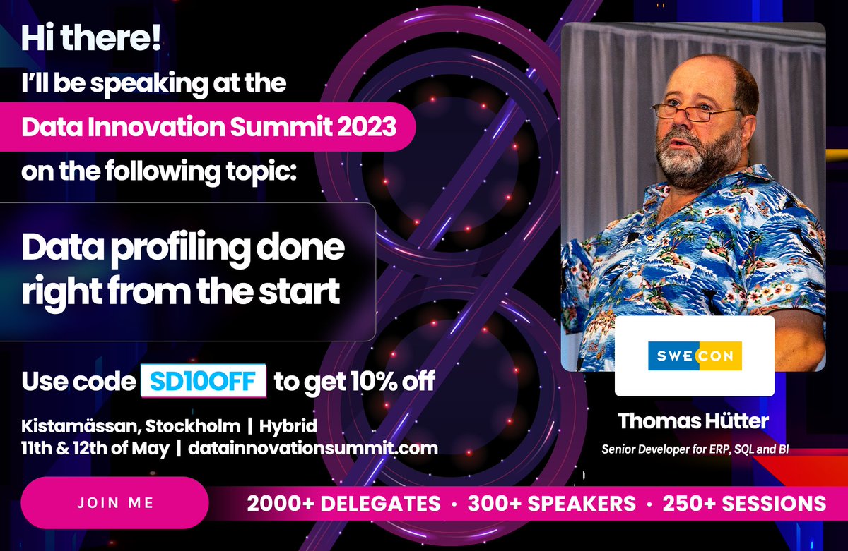 DerFredo's tweet image. One week to go, and the 8th edition of the #DataInnovationSummit will be happening in my favourite city Stockholm. Join me on Friday 12th at 12:00 for "Data profiling done right from the start"! /@DISummit2030