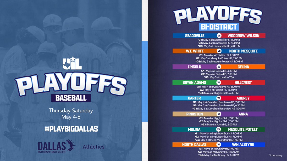 Baseball bi-district playoffs start tonight with 10 Dallas ISD teams qualifying. #PlayBIGDallas