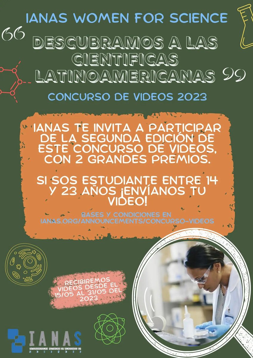 ¡IANAS Women for Science te invita a participar de la 2da edición de "Descubramos a las Científicas Latinoamericanas"! 

📹Recibiremos videos desde el 15/05 al 31/05 del 2023.

👩‍🔬Para enterarte cómo participar ingresá a: ianas.org/announcements/…