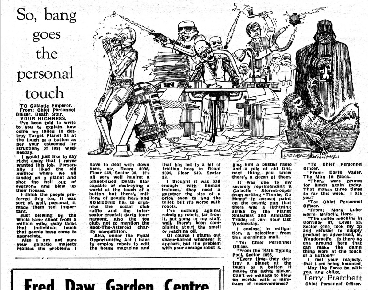 As a special treat for #StarWarsDay, here's a very rare piece of writing, first (and only) published in the Bath Evening Chronicle on April 22, 1978. A memo to the Emperor from the Death Star's chief personnel officer, one Terry Pratchett.