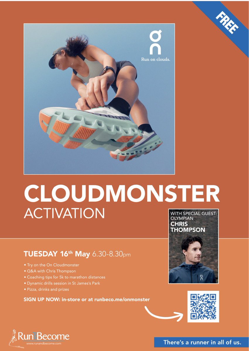 Join us for an amazing event with <a href="/on_running/">On</a> and 2x Olympian <a href="/Thommo10k/">Christopher Thompson</a> for dynamic drills session with cloudmonster. Pizza, drinks and prizes included. 
#running #cloudmonster #runningevent #runninginlondon #runningshoes #shortdistancerunning #runandbecome #longdistancerunning