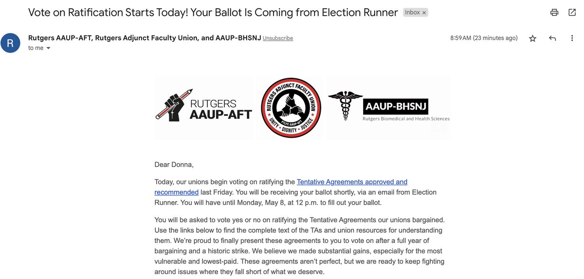 I just voted YES on our tentative agreement and my heart is full. It has been a very tough battle at Rutgers, but this is one of the most important days of my life.