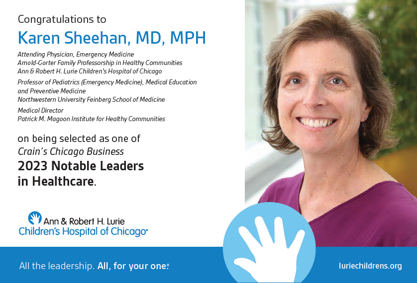 We're delighted to share that our Medical Director, <a href="/karensheehanmd/">Karen Sheehan</a>, has been selected as one of <a href="/CrainsChicago/">Crain's Chicago Business</a>'s 2023 Notable Leaders in Healthcare!