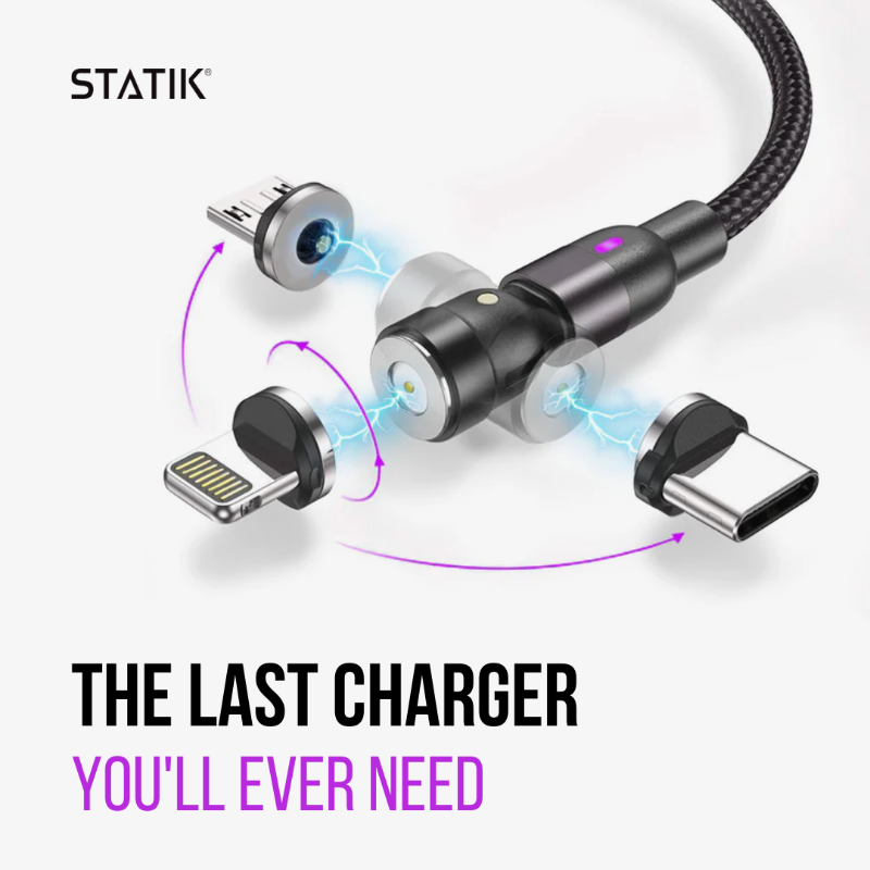 StatikCo's tweet photo. Get rid of these fraying charging cables. Meet STATIK360, the Universal 3-in-1 fast-charging cable that is INCAPABLE of fraying!