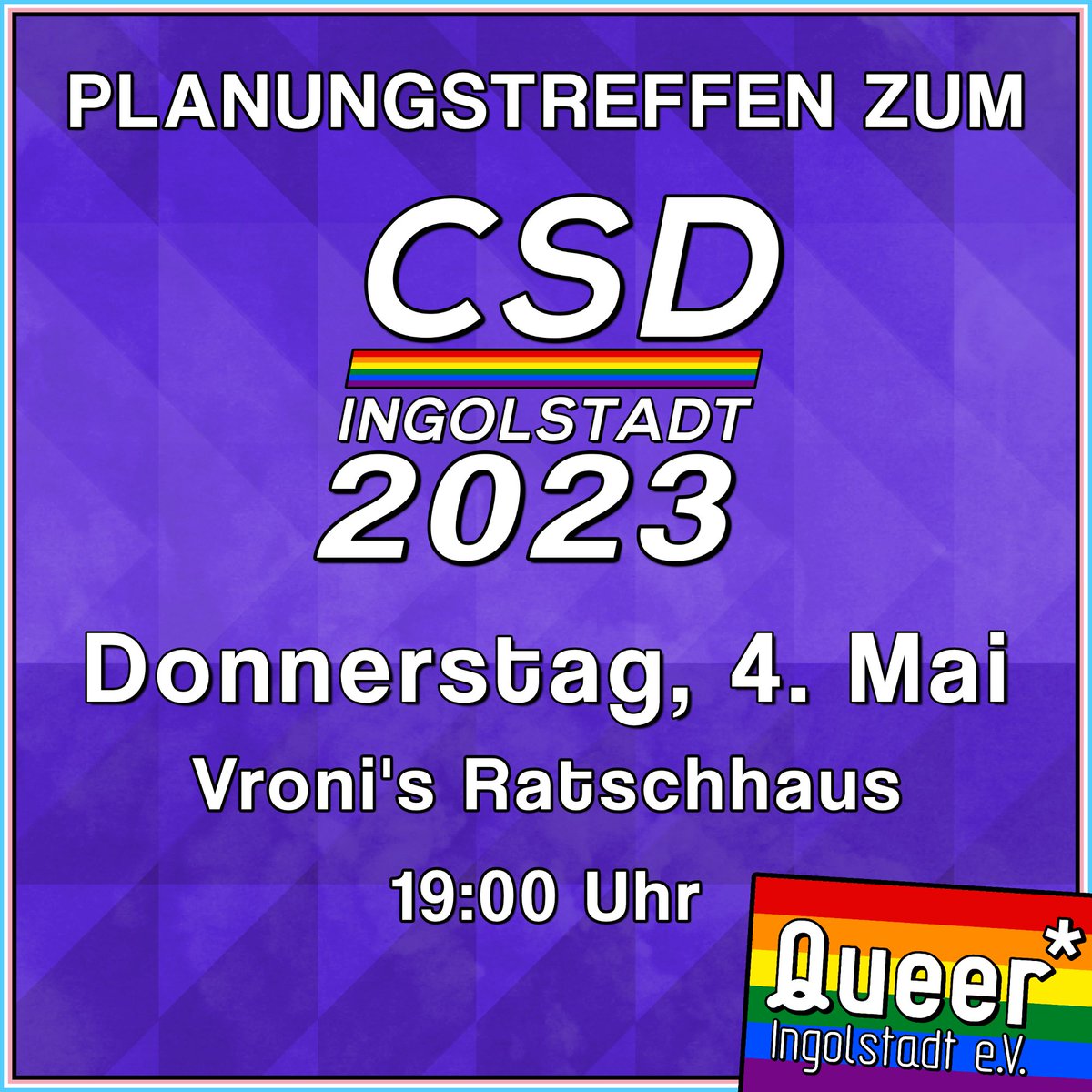 CSDIngolstadt's tweet photo. HEUTE: Wir laden euch zum 2. Planungstreffen des CSD Ingolstadt 2023 ein! 🏳‍🌈🏳️‍⚧️

Das Planungstreffen findet am Donnerstag, 4. Mai um 19 Uhr im Ratschhaus statt!

Kommt gerne vorbei! 😄

#queer #ingolstadt #queeringolstadt #csdingolstadt #csdingolstadt2023 #lgbtq #pride https://t.co/GP5pympE7i