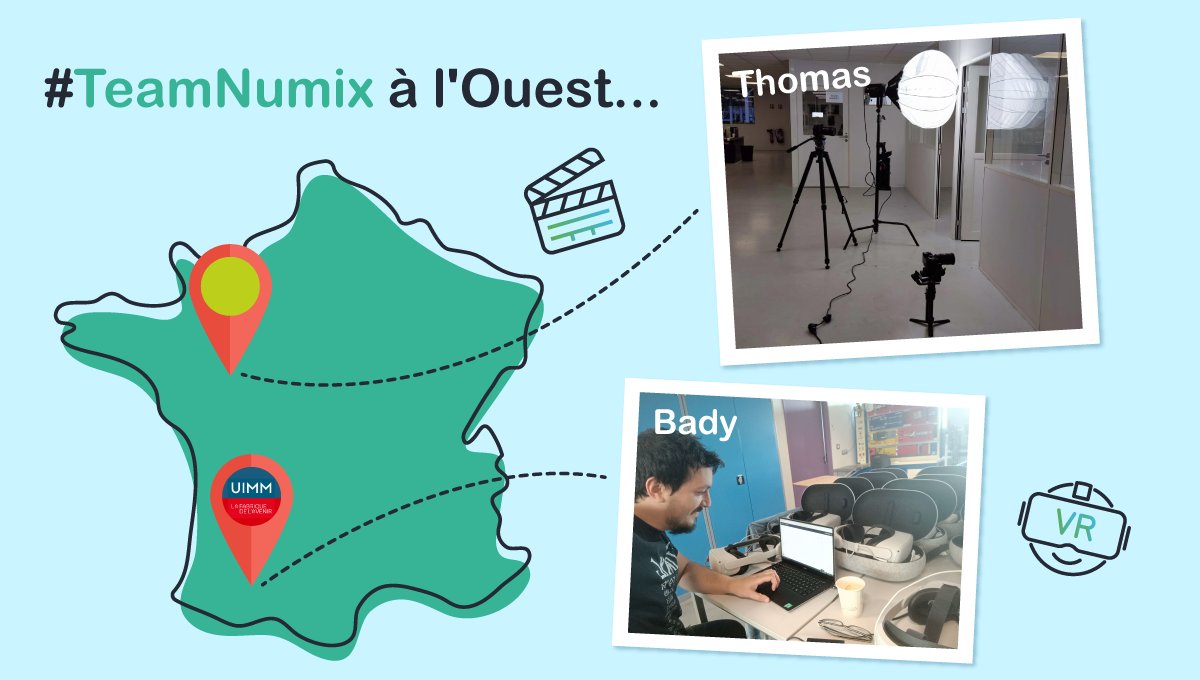 AgenceNumix's tweet photo. A l’Ouest… de la France !
Hier, 2 membres #TeamNumix interviennent auprès de nos clients, sur site :
Thomas, pour un tournage vidéo de teaser
Bady, chez UIMM Pôle Formation Adour pour des paramétrages de casques #VR
Quand on vous dit que #Numix c’est + qu’une formation VR ! https://t.co/LRtEhZCKrz