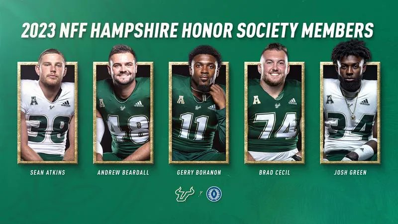 🎓🏈 <a href="/USFFootball/">USF Football</a> set a new record with 6 players joining <a href="/NFFNetwork/">National Football Foundation</a>'s 2023 NFF Hampshire Honor Society! #HornsUp to Gerry Bohanon Jr., @SeanAtkinss, <a href="/andrew_beardall/">Andrew Beardall</a>, <a href="/bradcecil74/">Brad Cecil</a>, <a href="/J3Green/">1️⃣wåÿgręêñ♠️</a> and <a href="/lump73_hall/">Dustyn hall</a> on this incredible achievement! 🎉 #GoBulls buff.ly/3nqb91Y
