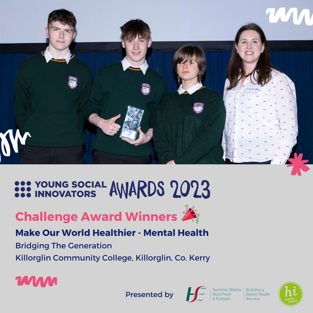 YSInow's tweet photo. The winners of the 'Make Our World Healthier - Mental Health' award are the students from Killorglin Community College with their project 'Bridging the Generation' that aims to provide young people with tools for handling negative emotions. Congratulations! 🏆 👏 #YSIAwards2023 https://t.co/FqtMRubUJ5