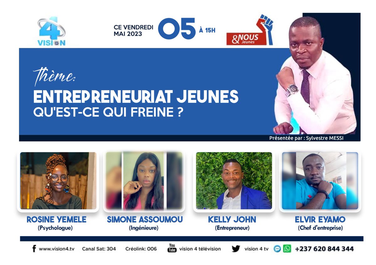Notre CEO <a href="/EyamoElvir/">Elvir Eyamo</a> est invité demain sur le plateau de <a href="/vision4_tv/">Vision4 Tv</a> pour débattre sur les Freins de l'entrepreneuriat Jeunes 
🗓 : vendredi 05 Mai 2023
⏰: 15 Heures 

<a href="/googlenews/">Google News</a> <a href="/DidierLefa/">Ton Screenshoter📸🇨🇲</a> <a href="/TheCameroonianZ/">The Cameroonian 🇨🇲</a> <a href="/LBM237/">La Boutique des Maillots</a> <a href="/cfootcameroun/">CFOOT</a> <a href="/HerveNgameni/">Temps additionnel</a> <a href="/AllezLesLions/">AllezLesLions</a> <a href="/TriomphEternel/">Yannick BOKA 👑</a>