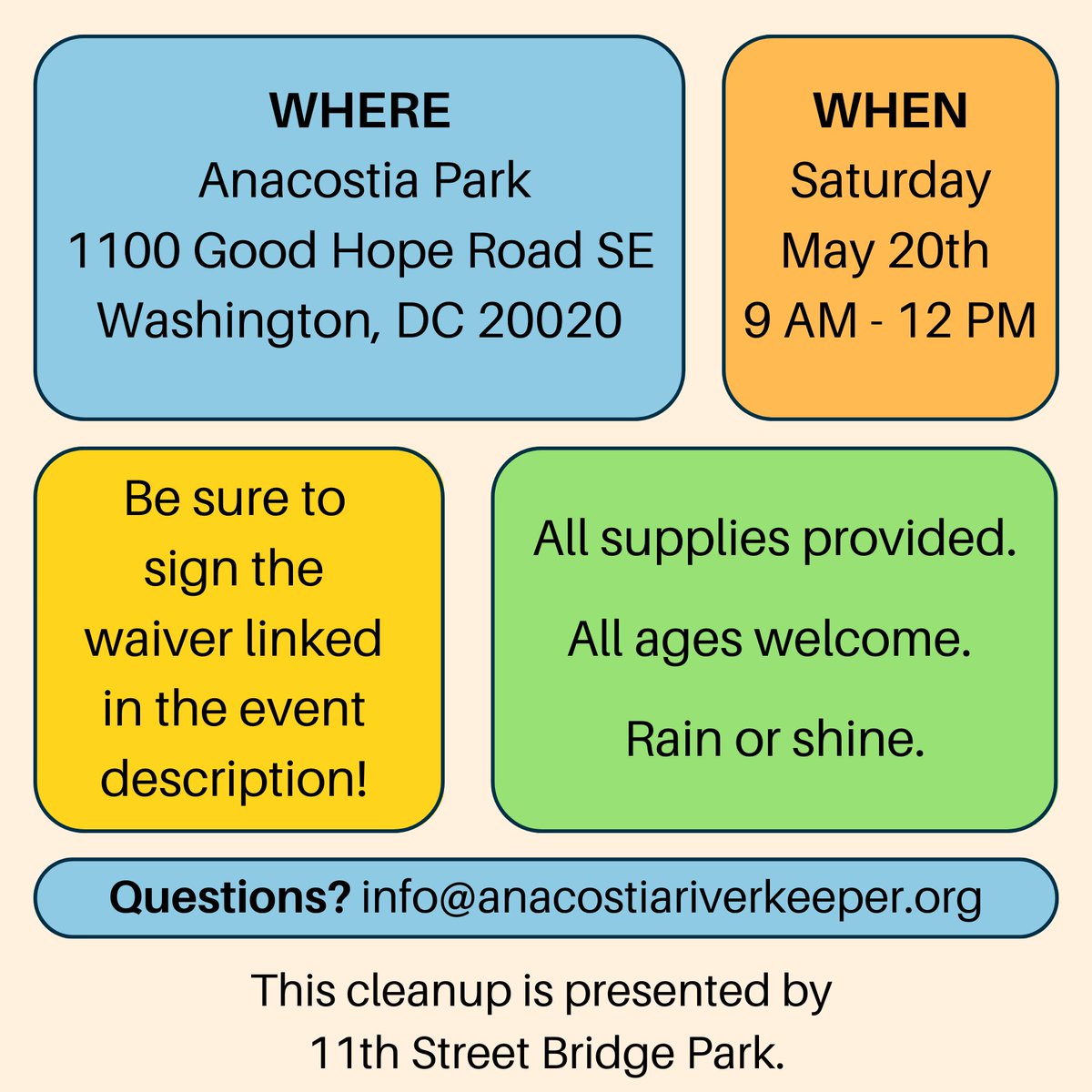 AnacostiaRrkper's tweet photo. Join us on May 20th 9 AM - 12 PM at Anacostia Park for a cleanup ahead of the Anacostia River Festival (1-4 PM)! Registration &amp; more info here: https://t.co/P1PJFq67Ld

#CleanWaterways #ComeToTheRiver #TrashFreeDC #OurAnacostia Thanks to @DCBridgePark for presenting this cleanup. https://t.co/sis4hIUmE9