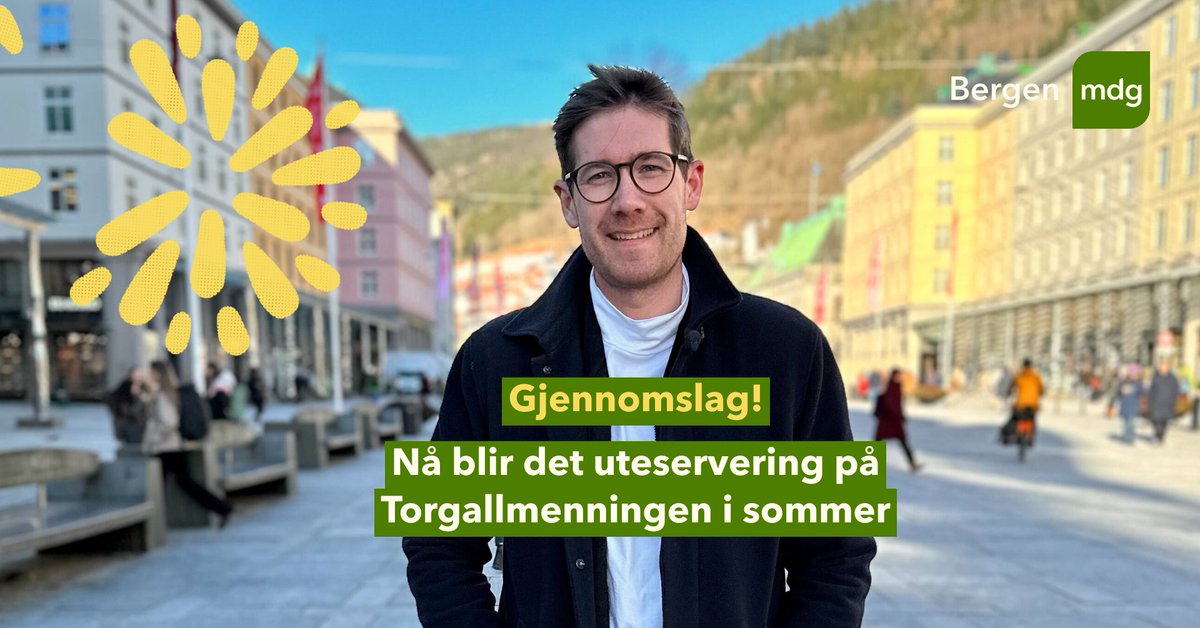 MDG fikk gjennomslag for uteservering på Torgallmenningen! 🍻 Les mer om sakene fra bystyrets møte og de 16 forslagene fra MDG som ble behandlet: bergen.mdg.no/nyhet/mdg-frem…