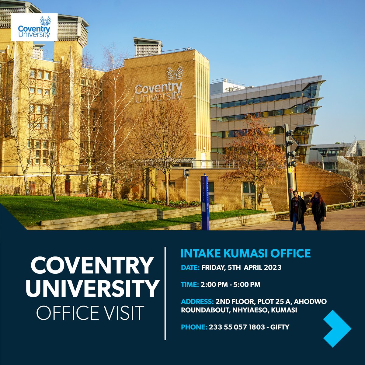 idpghana's tweet photo. Looking for a course that's perfect for you?
Our office visit with Coventry University is the perfect time to clear your diary and see what we're all about!
#IntakeGhana #IntakeEducation #TheFutureInYou #officevisit #TakeYour1stStepWithIntake #coventry #University https://t.co/iUEgIfWNWt