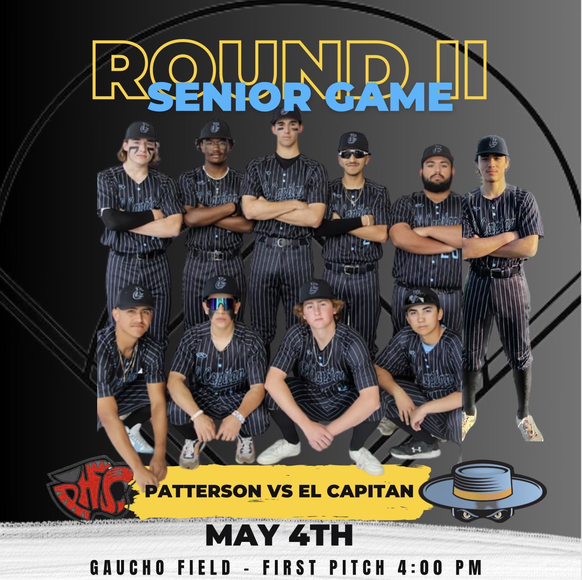ECapbaseball's tweet photo. Game 2 of the week! Senior day! Come out and support our seniors today in their last league game Vs Patterson! Celebration will start at 3:30, gametime 4pm! Letβs go Gauchos #family #thisisus #seniorsrule #ourbackbone https://t.co/67kF68pOup