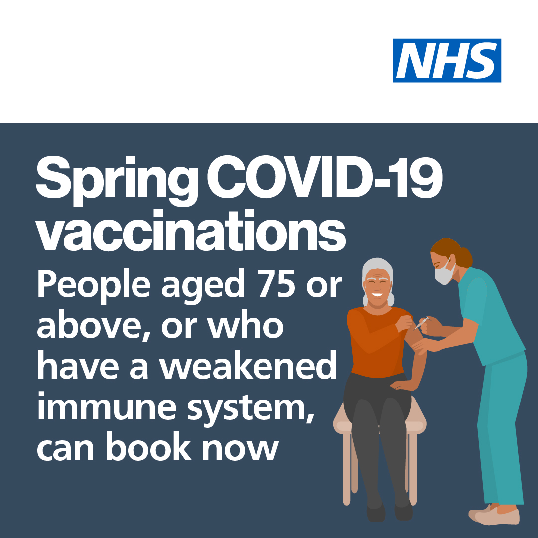 People aged 75 or above, or those with a weakened immune system, can now book their spring Covid-19 vaccine.

You can book at nhs.uk/CovidVaccinati…, through the NHS app, or by calling 119.  

 #SpringBooster #COVIDVaccinations