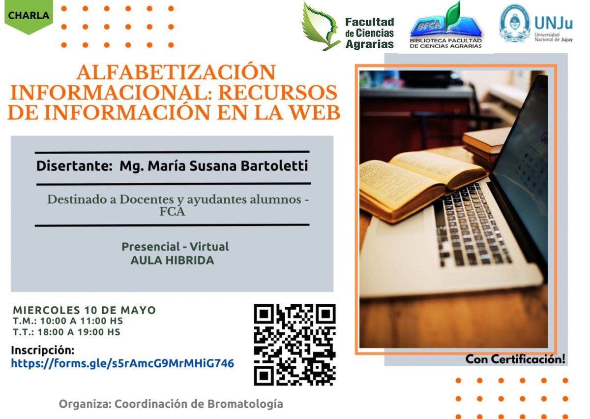 💚 Destinada a Docentes y Ayudantes Alumnos de la Facultad de Ciencias Agrarias. La charla será dictada por la directora de la Biblioteca de la FCA-UNJu, Mg. María Susana Bartoletti,