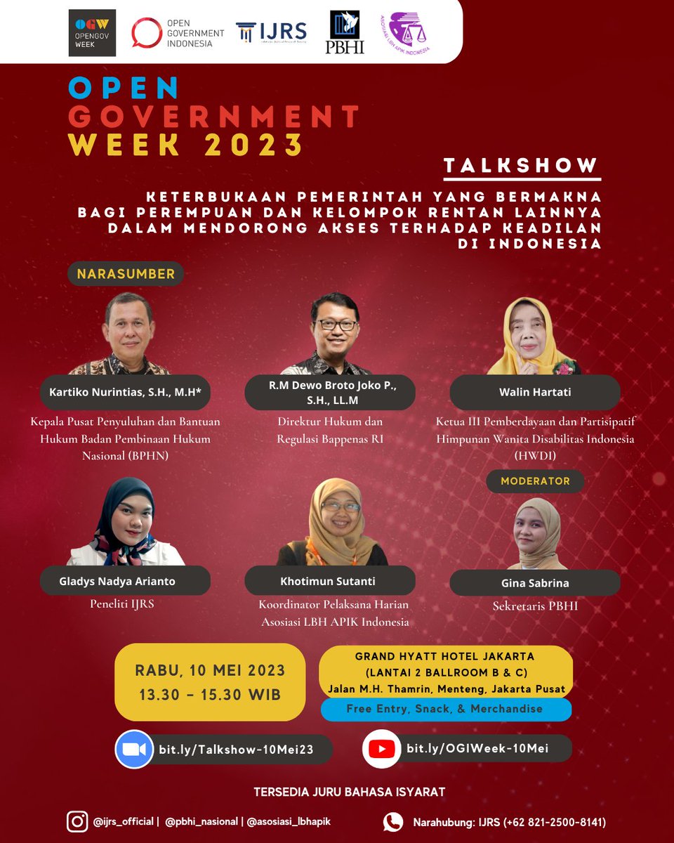 ijrs_official's tweet photo. [Open Government Indonesia (OGI) Week 2023]

Diselenggarakan pada:
🗓️ Rabu, 10 Mei 2023
🕚 13.30 – 15.30 WIB
💻 Zoom: https://t.co/K5gcTj7g91
📹 Llive stream di IJRS TV: https://t.co/vHpF8u9Hnc
ℹ️ Tersedia Juru Bahasa Isyarat

📱CP: IJRS (+62 821-2500-8141)

 #opengovweek2023 https://t.co/hNPcIwuXj4