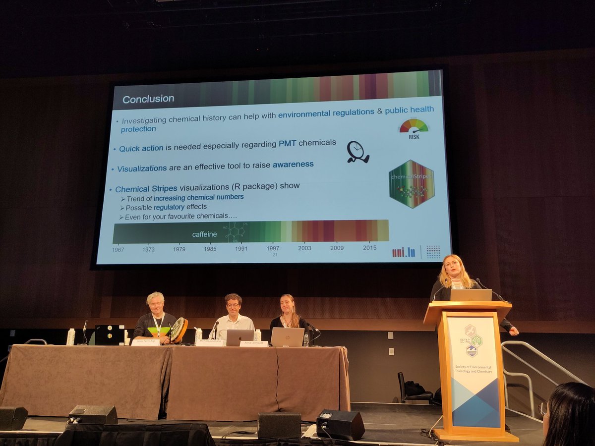 Here's @DagnyAurich introducing the chemical stripes at #SETACDublin - fascinating work w/ co-authors <a href="/DrKerryS/">Dr Kerry S (She/Her)</a> <a href="/PMsarahehale/">Sarah Hale</a> <a href="/hanspeterarp/">Hans Peter Arp</a> using <a href="/pubchem/">life</a> patent data (thanks Paul <a href="/EvanBolton/">Evan Bolton</a> &amp; team) <a href="/ZeroPM_H2020/">ZeroPM</a> 
Slides: 
zenodo.org/record/7885032…
Package:
gitlab.lcsb.uni.lu/eci/chemicalst…