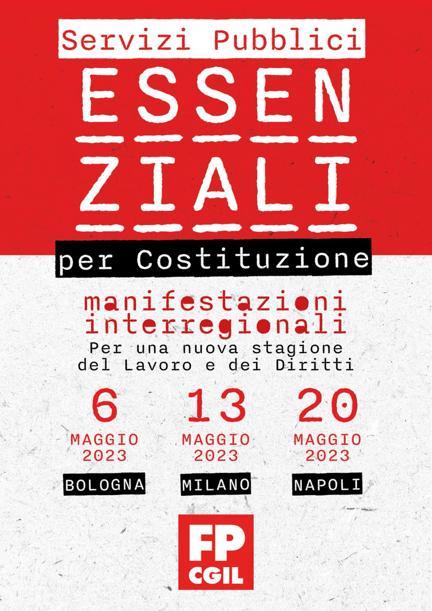 FpCgilNazionale's tweet image. 🟥 PER UNA NUOVA STAGIONE DEL LAVORO E DEI DIRITTI

Per un lavoro stabile e dignitoso.
Per il diritto universale alla salute e la sicurezza.
Per migliori condizioni di vita e di lavoro, e servizi pubblici efficienti per ogni cittadino.

ESSENZIALI PER COSTITUZIONE.
Noi #CiSiamo.