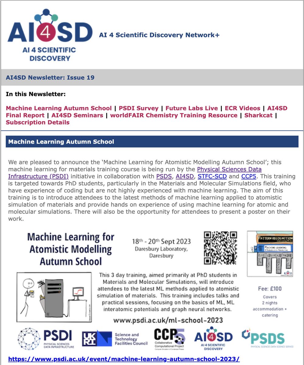 Our latest newsletter can be found here, with lots of updates including about our Autumn Machine Learning School!: jiscmail.ac.uk/cgi-bin/wa-jis… #ArtificialIntelligence #AI #ML #MachineLearning #Chemistry #Science #Data #DataScience #Digital #DigitalTransformation