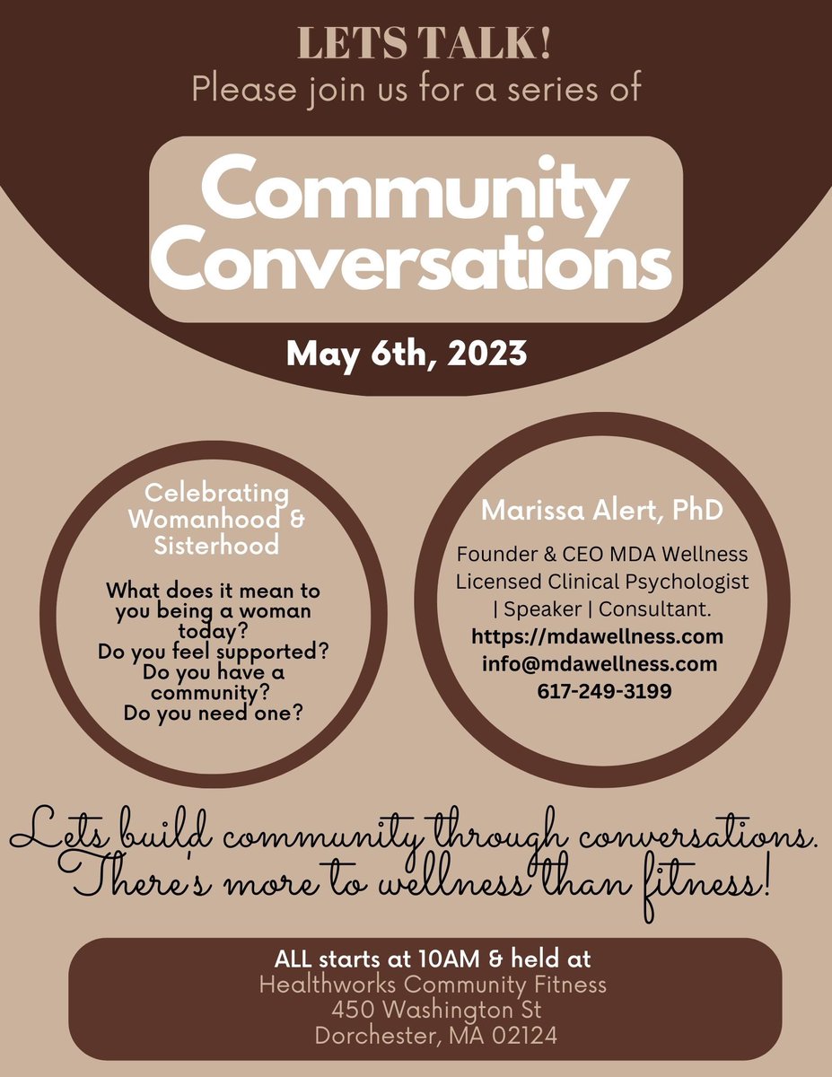 This Saturday May 6th at 10am we are holding Community Conversations, join us! #community #conversations #specialguest #may6 #letstalk #wellness #fitness #womanhood #sisterhood #psychologist