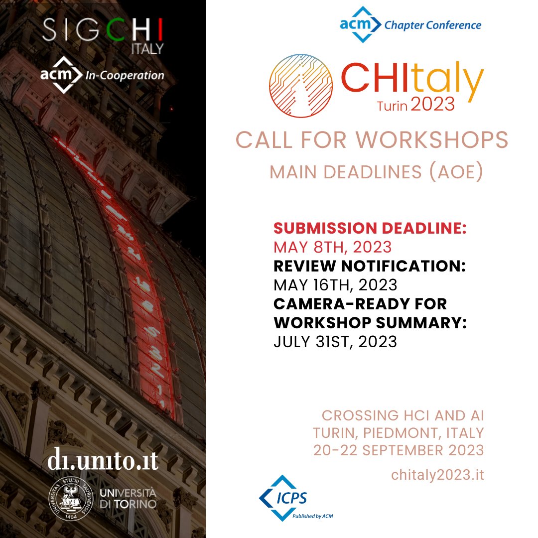 #callforworkshops
Details &amp; Topics: chitaly2023.it/call-for-works…
#italy #hci #ai #sigchi #chitaly #acmchi #crossinghciandai #turin #unito #piedmont #torino #interactiondesign #ux #userexperience #uxresearch #userinterface #chitaly2023 #cfp #cfw #workshop <a href="/sigchi/">ACM SIGCHI</a> <a href="/TheOfficialACM/">Association for Computing Machinery</a>