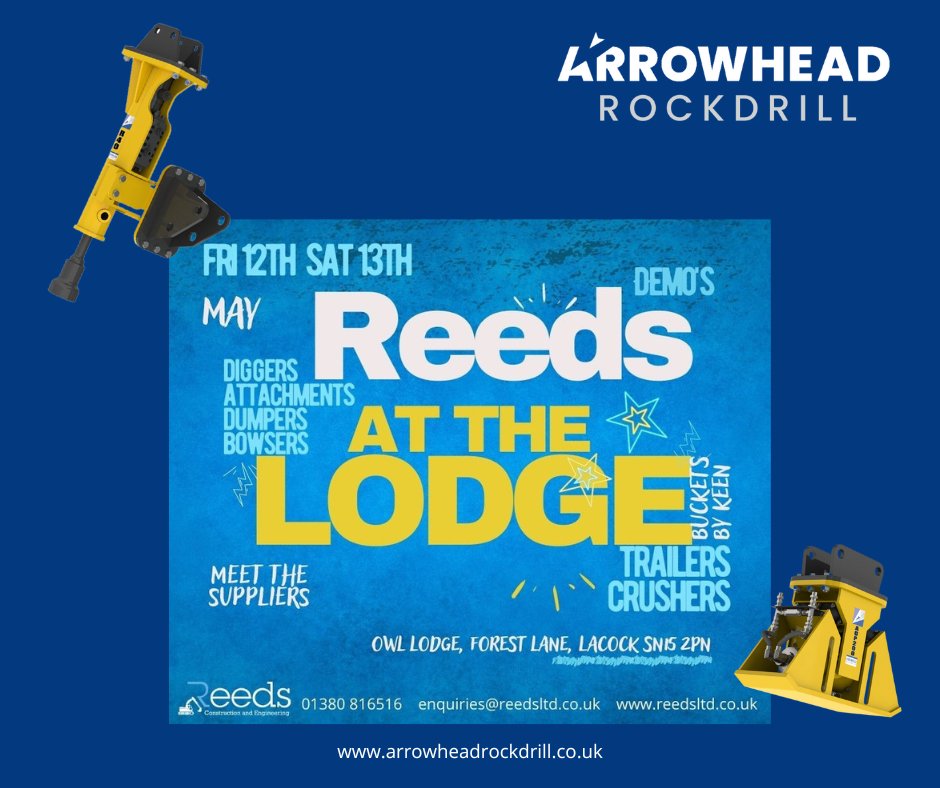 UKArrowhead's tweet photo. Our dealers Reeds Construction &amp; Engineering Ltd are hosting their demo days 12th-13th May. We'll be there with our hydraulic hammers and other attachments so come on down - it's going to be a great event! #arrowheadrockdrill #hydraulicbreaker #hydraulichammer #madeinbritain https://t.co/5JqGSUwu9w
