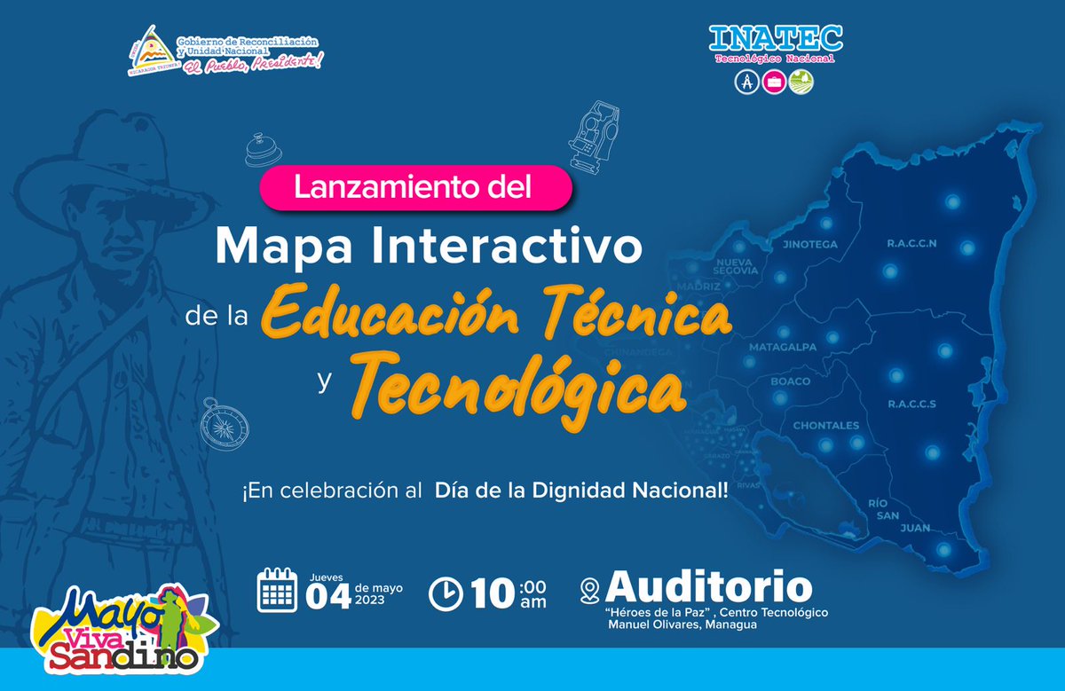 ☀️Es hoy 😍 no te perdás el Lanzamiento del Mapa Interactivo de la Educación Técnica y Tecnológica de nuestro <a href="/TecNacional/">Tecnológico Nacional</a> ✊ 
¡ Educación gratuita y de calidad! 🙌 
#UnidosEnVictorias 
#MayoVivaSandino 
<a href="/Bely_Perez2/">Bely Perez 🇳🇮</a> <a href="/Atego16/">@🅰🆃🅴🅶🅾 🇳🇮</a>