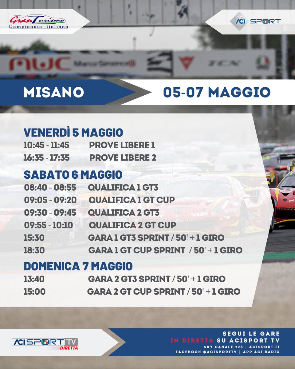 Pronti per il primo round? Ecco il programma per il weekend al <a href="/circuitomisano/">Misano World Circuit</a> 😉

#CIGT #GTSprint #GT3 #GTCup #ACISport