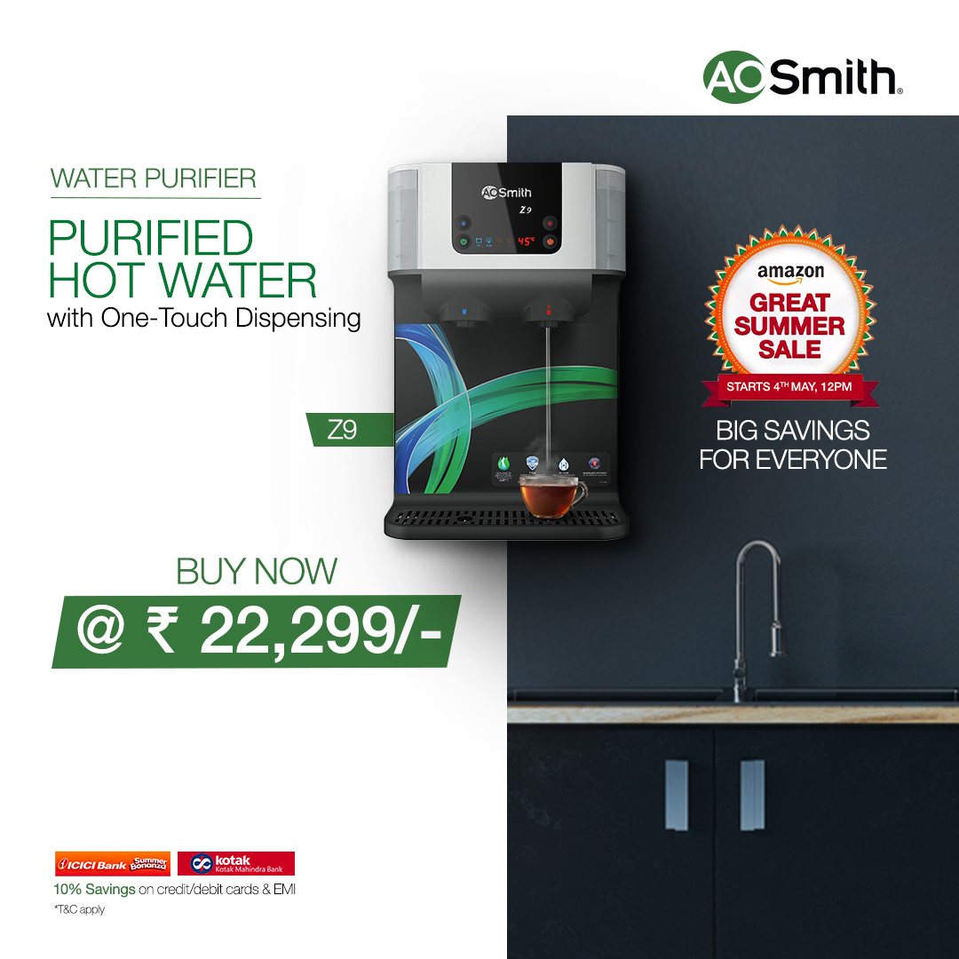 Drinking purified water just got a lot more convenient. The A. O. Smith Z9 now on sale at the Amazon Great Summer Sale! Get it now at only Rs 22,299/-. Also available with no-cost EMI options. Link: amzn.to/3kj0hkD #AOSmith #WaterPurifier #Z9 #GreatSummerSale #Amazon