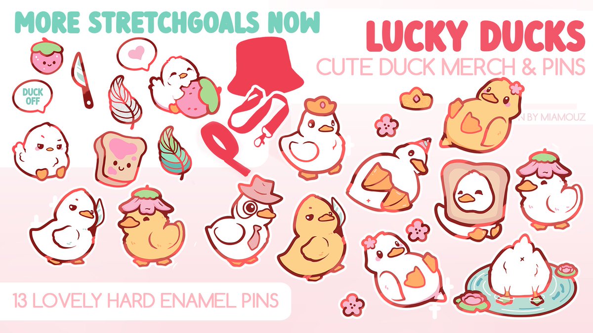 Miamouz's tweet image. Ihr seid auf Kickstarter komplett ausgerastet, weswegen ich noch weitere Designs als Pins und Magnete hinzugefügt hab 🥰
Außerdem setze ich mich morgen an 4 Washis, Lanyards und an mein erstes Bucket Hat Design.
Alle Add-Ons sind schon online, also wer mag 🦆💕
Link 👇