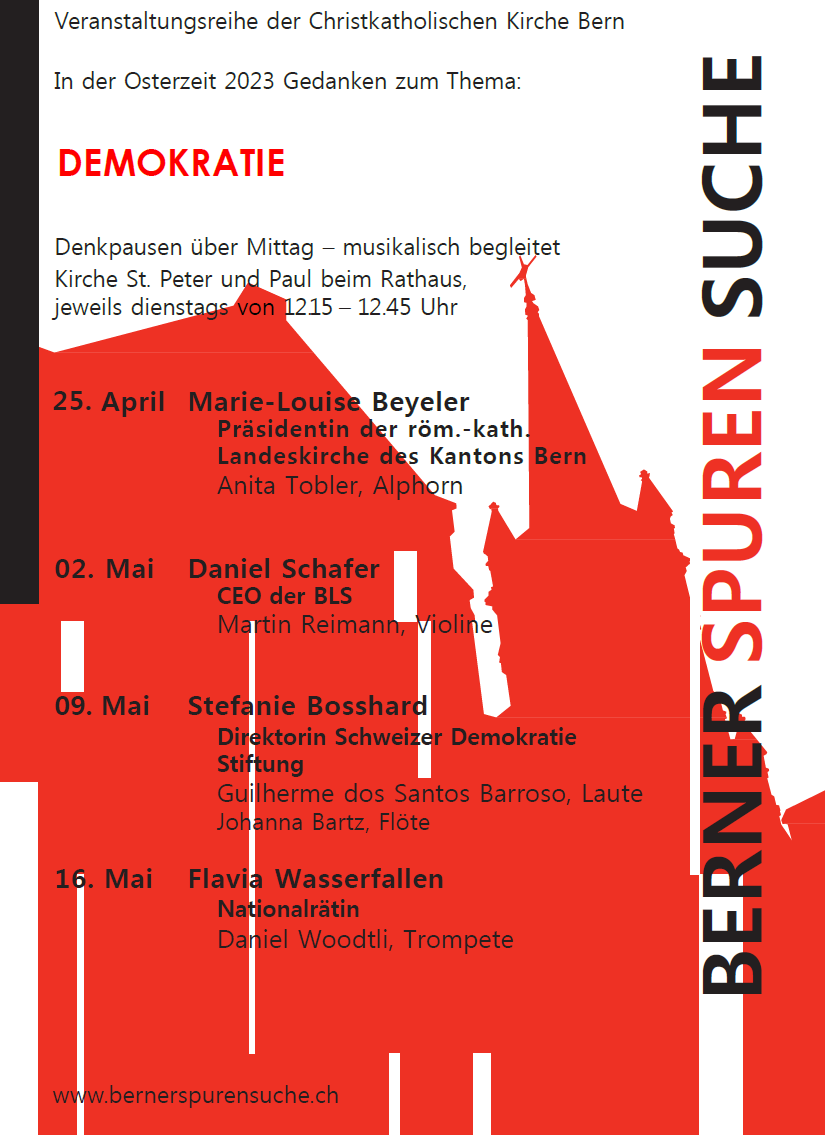 chdemstiftung's tweet photo. Denkpausen – oder Demokratie zum Zmittag und ein Prosit auf die demokratische Diskussionskultur? 💡🥂Eine herzliche Einladung an alle!

🔜Am nächsten Dienstag 09.05. mit @S_Bosshard der @chdemstiftung bei der Berner Spurensuche 2023. https://t.co/jStCOqAj9h