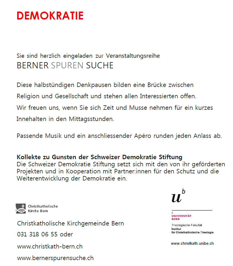 chdemstiftung's tweet photo. Denkpausen – oder Demokratie zum Zmittag und ein Prosit auf die demokratische Diskussionskultur? 💡🥂Eine herzliche Einladung an alle!

🔜Am nächsten Dienstag 09.05. mit @S_Bosshard der @chdemstiftung bei der Berner Spurensuche 2023. https://t.co/jStCOqAj9h