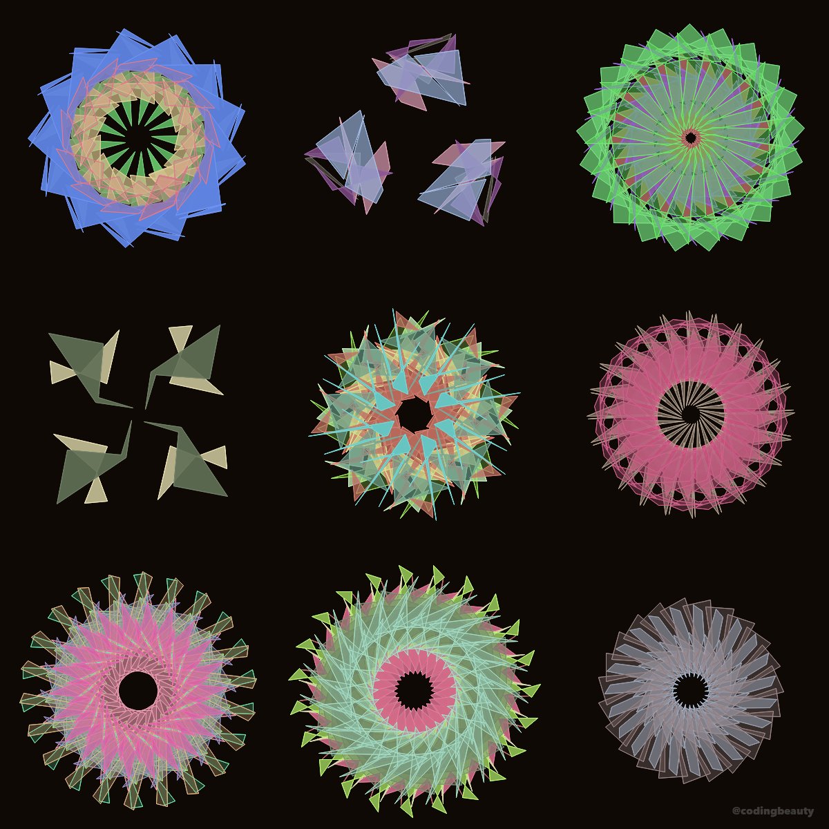 3x3 Spinning Polygons Art № 08802 
#3x3 #spinning #polygons #flower #math #symmetry #pattern #generative #procedural #art #creativecoding