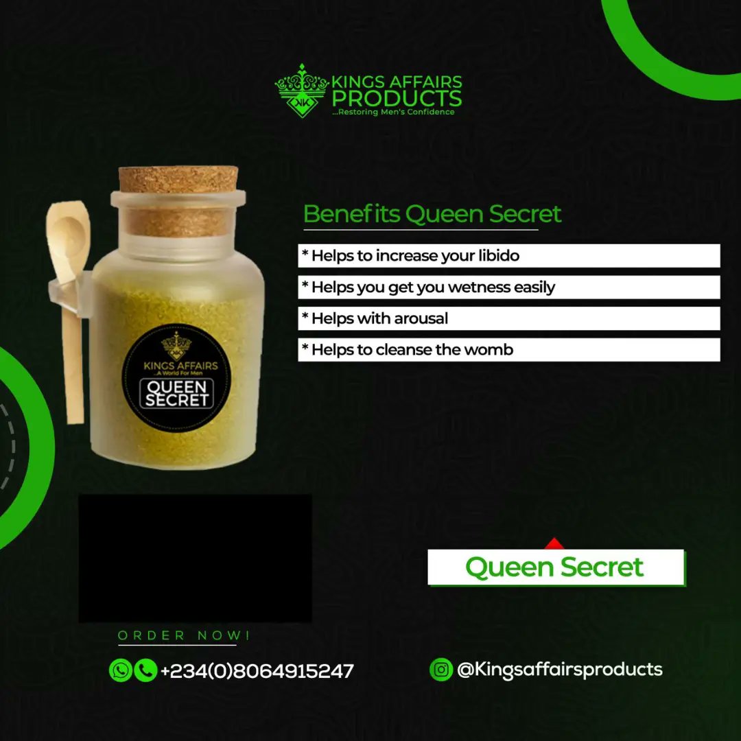 Queen secret.
_____________________
Made with the best aphrodisiac herbs 📦 (dates,grontula, sesame seeds, honey, bata, Oyisi oyenne, wild ginseng and few other herbs. Helps to increase your libido...Get you wetness easily...Helps with arousal.
#femalelibido #wetness
10,000 naira