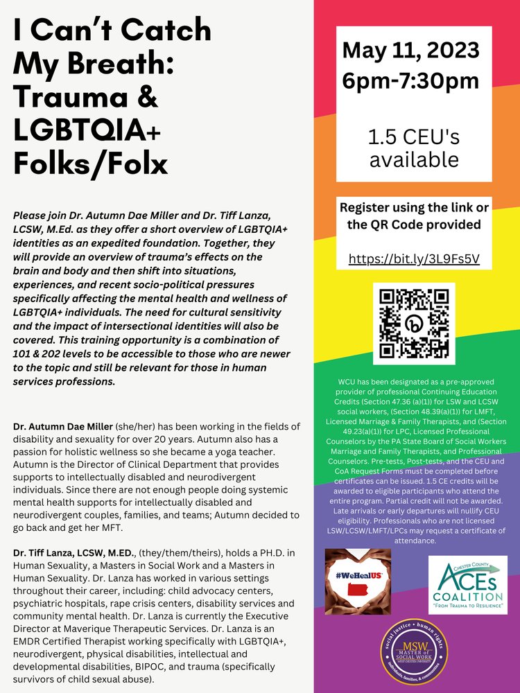 WCUGradSocWork's tweet photo. We are so excited for this event on Thursday, May 11th that is offering 1.5 FREE CEUs! Please join Dr. Autumn Dae Miller and Dr. Tiff Lanza, LCSW, M.Ed. as they offer a short overview of LGBTQIA+ identities as an expedited foundation. 

Register here: https://t.co/fiBYGkQ6vd https://t.co/7HEH8CHHU7