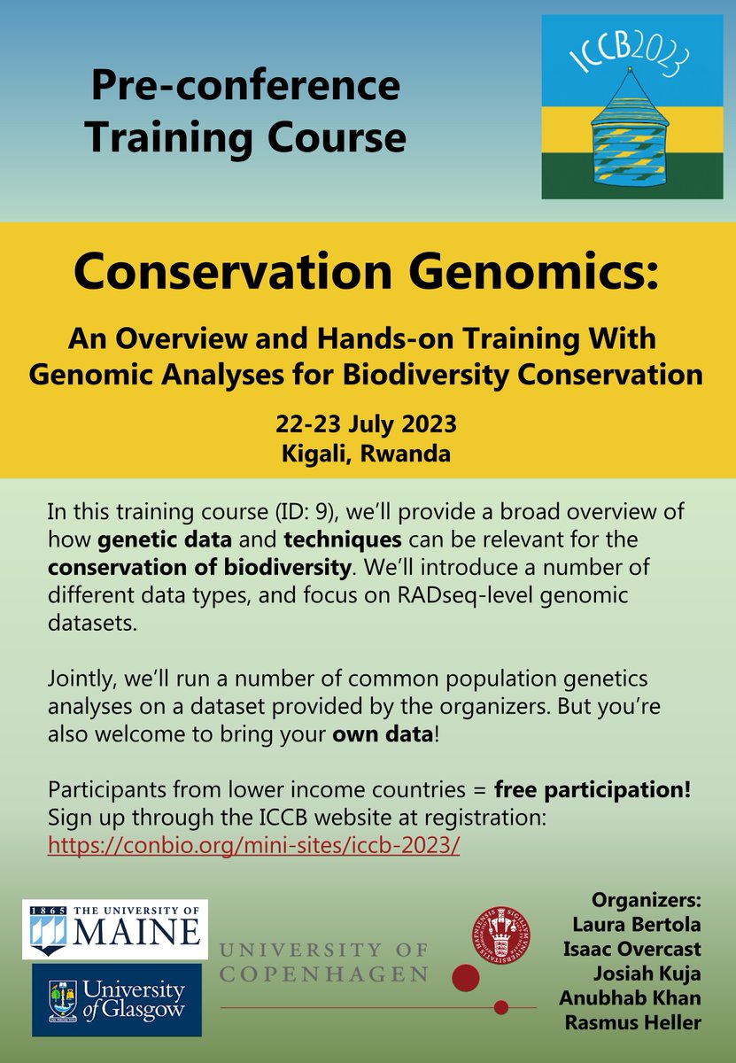 Registration is open for our 2-day training course on Conservation Genomics, at #ICCB! 
Note: for the first 2 weeks, registration will be open for our African colleagues only, then the course will open up for all. Participation = free for LIC!
Please RT!

conbio.org/mini-sites/icc…