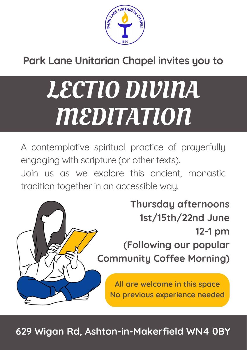 All are welcome to join @ParkLaneChapel for midweek Lectio Divina meditation led by their worship leader, Hannah. (No previous experience necessary.) 🌺
#ashtoninmakerfield #meditation #relaxation #community