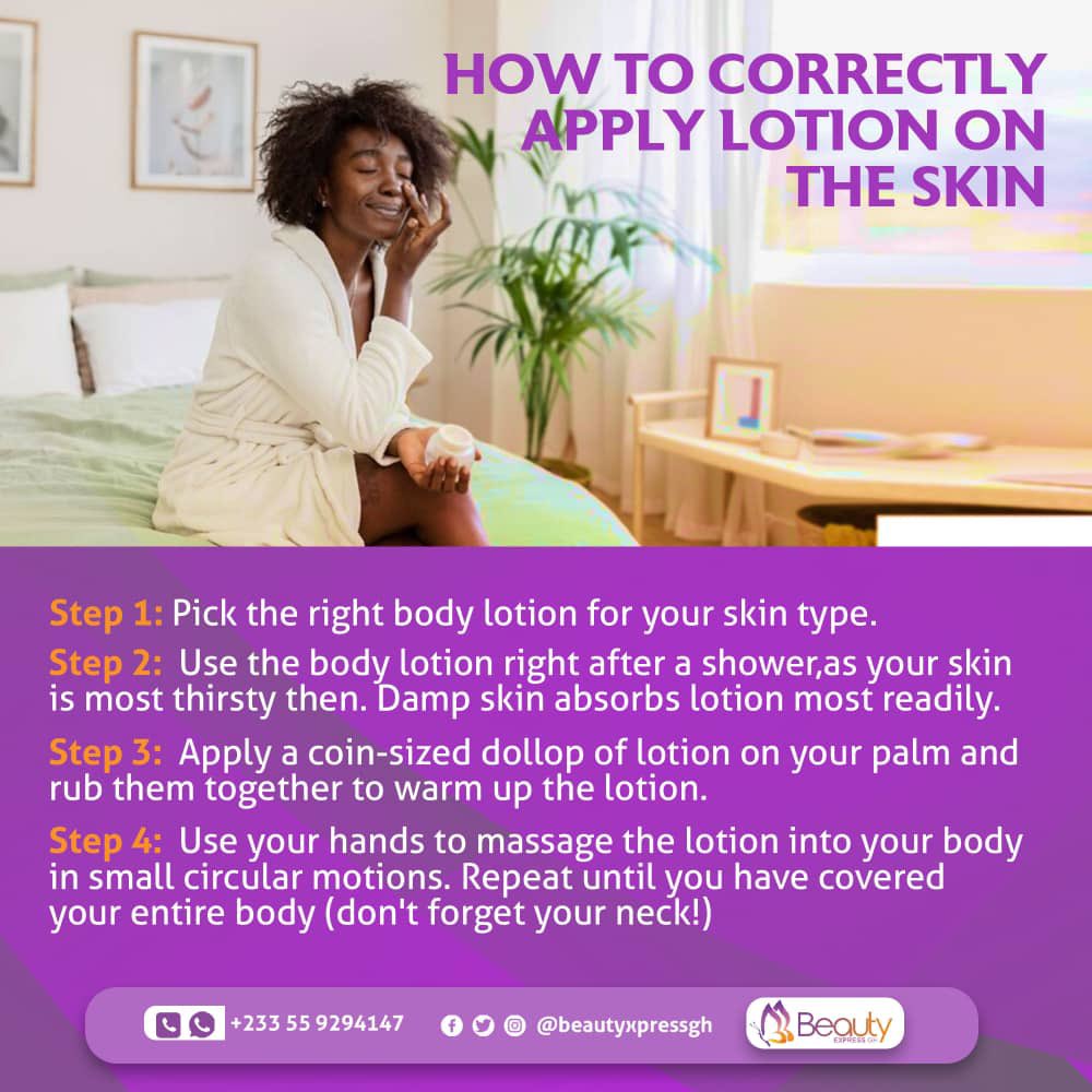 BeautyExpressGH's tweet photo. Give your skin the love it deserves! 
Follow our simple guide on how to correctly apply lotion on your skin. ✨ 
You won’t believe the difference it makes!
Try it out today!

#beautyexpressgh https://t.co/ufkY5wRq7r