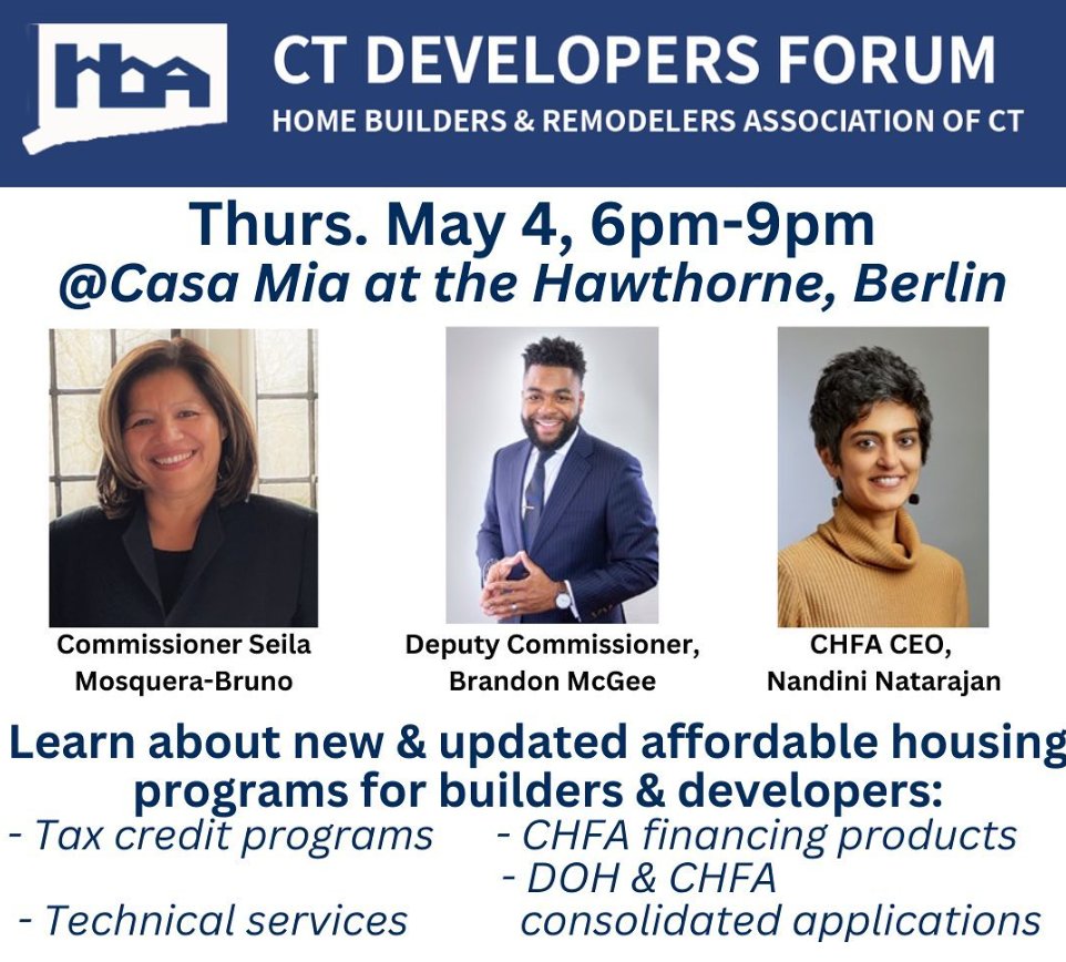 Join us tonight to discuss new and updated affordable housing programs for builders &amp; developers! <a href="/HBRAFFC/">HBRA FFC</a> 

To learn more about this event, click here: hbra-ct.org/ct-developers-…

#Developers #AffordableHousing #Homebuilders #Connecticut