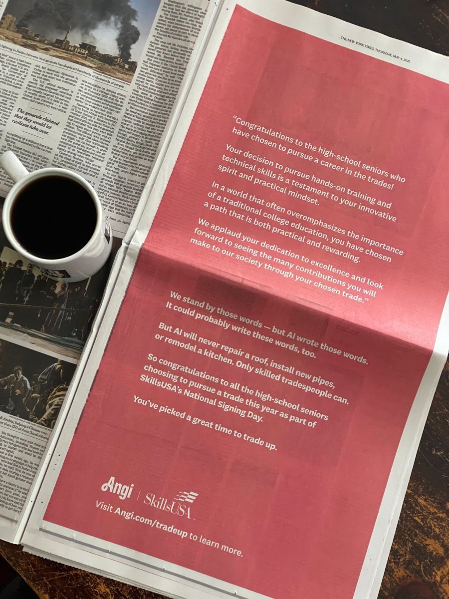 angi_home's tweet photo. Spotted in todayβs edition of the @nytimes: Angiβs celebration of graduating students pursuing the trades β and a call to think about careers in the trades in a whole new way. @skillsusa #TimetoTradeUp #SkillsUSANationalSigningDay https://t.co/U71PoBvSnf