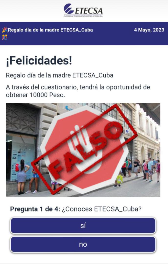 ETECSA_Cuba's tweet photo. ATENCIÓN‼️
Nuevamente circula en las redes información falsa sobre premios 🏆 y sorteos realizados por nuestra empresa.
Reiteramos a los usuarios 👥 que Etecsa no suele hacer estas acciones y les recomendamos seguir nuestros perfiles oficiales 😉. https://t.co/jBCqshJzay