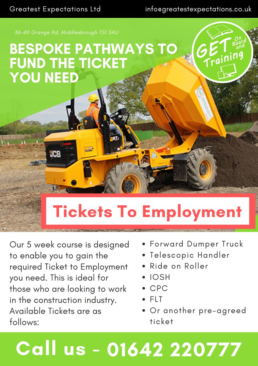 GETTraining_'s tweet image. 🚜Our courses open up so many possibilities🚜

🚗Places go fast, don’t let this opportunity pass you by!🚗

For more information, contact us on:
📞 01642 220777
or at
📧 info@greatestexpectations.co.uk

@JCPinDurhamTees