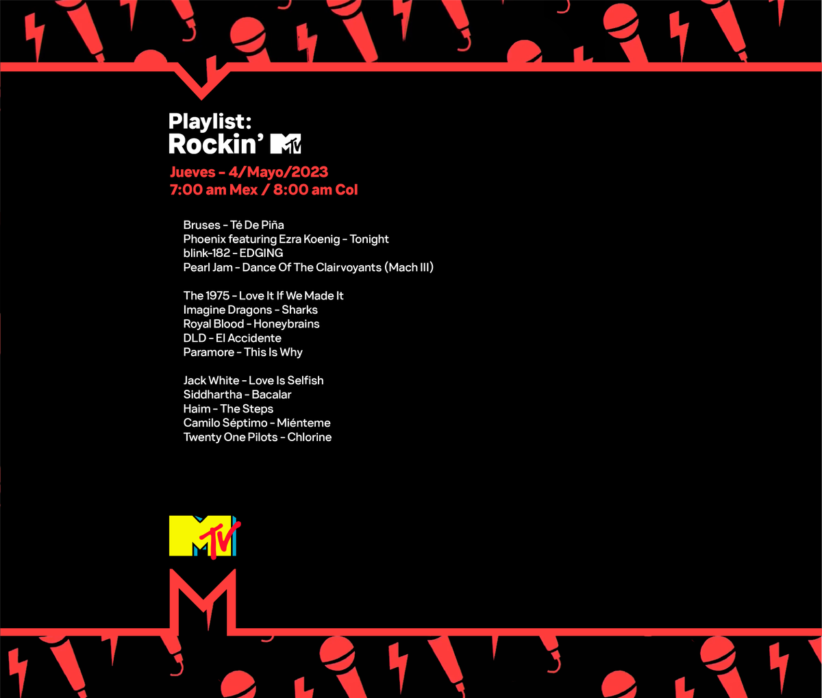 manucarrera_m's tweet photo. Esto fue lo que sonó en "Playlist: Rockin' MTV" (4/Mayo/2023)
@MTVLA #MTVPlaylist #MTVMúsica #MTVRocks https://t.co/EAQ50mocEn