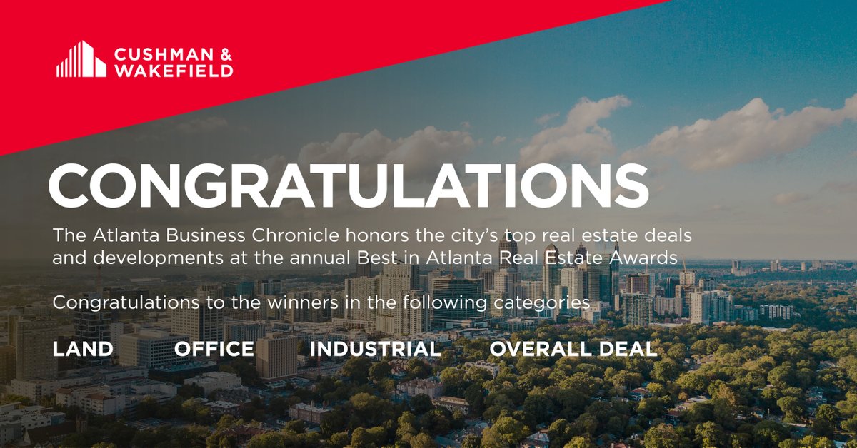 It's an honor to have played a role in four of Atlanta's most notable deals that were recognized as 2023 Best In Real Estate Award winners by <a href="/AtlBizChron/">Atlanta Business Chronicle</a>. Cushman &amp; Wakefield was involved in the year's Best Land, Office, Industrial, and Overall deals. #CushWake #CRE #Atlanta