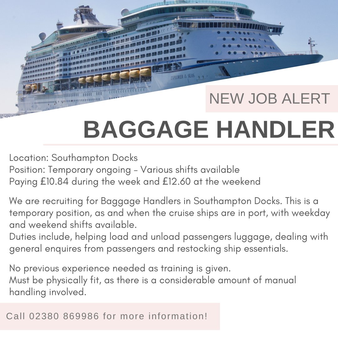 We are recruiting Baggage Handlers in Southampton Docks! Give Mayday a call on 02380 869986 for more info! 
#Baggage #Southampton #SotonDocks #CruiseShips #ApplyToday #MaydayPersonnel #MaydayJobs #Recruitment #MaydayRecruitment #CallToday